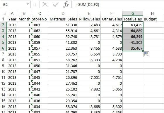 Click and drag the Data Fill box down to cell G6, then release.