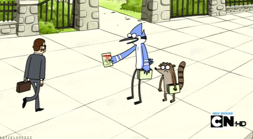 Characters from Regular Show unsuccessfully pass out flyers for their movie night