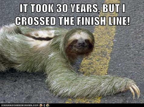 30 year sloth crossing finish line